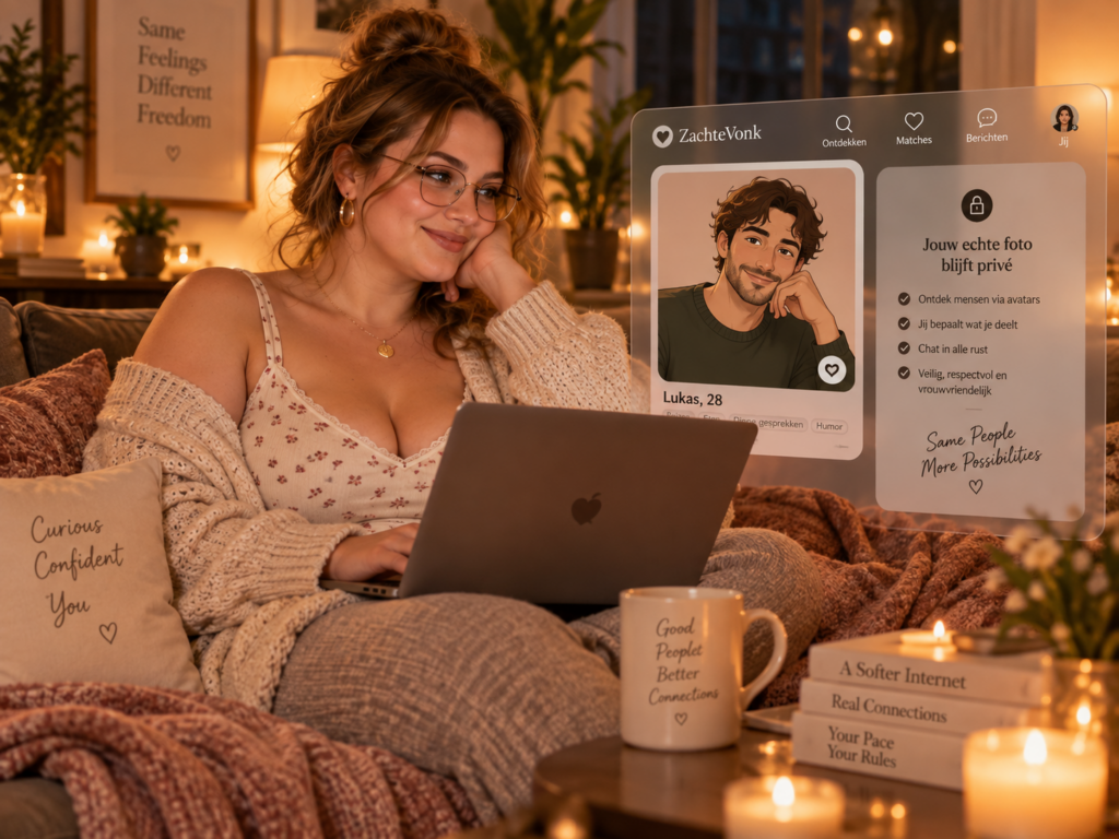 Jonge volle vrouw bekijkt op haar laptop een avatarprofiel terwijl haar echte foto's privé blijven