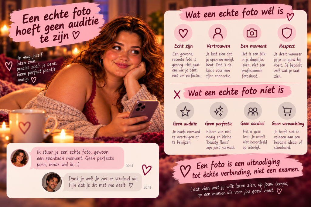 Volle vrouw deelt ontspannen een natuurlijke foto zonder zichzelf perfect te hoeven presenteren
