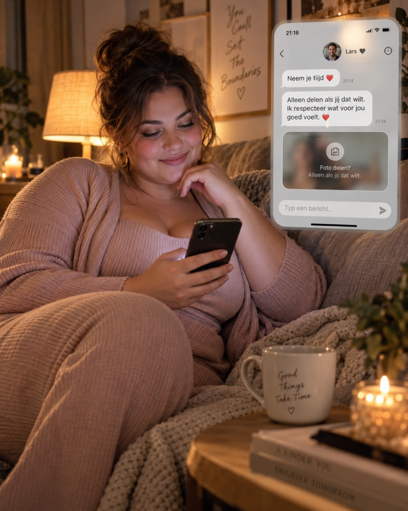 Volle jonge vrouw leest een respectvol bericht nadat ze besluit haar echte foto's nog privé te houden