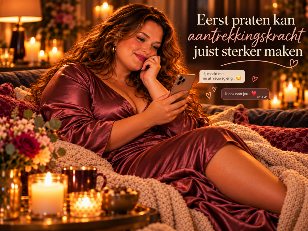 Volle vrouw glimlacht tijdens een flirtend online gesprek voordat foto's worden gedeeld