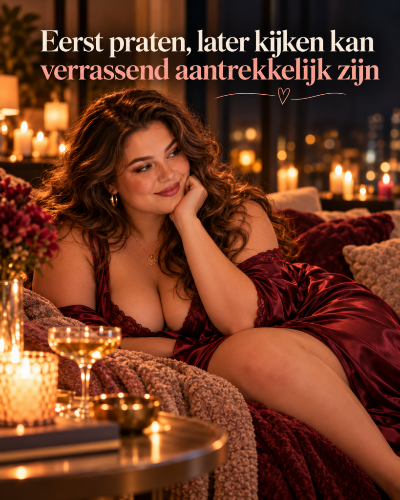Zelfverzekerde volle vrouw in warme avondsfeer bij een artikel over eerst praten en later foto's delen