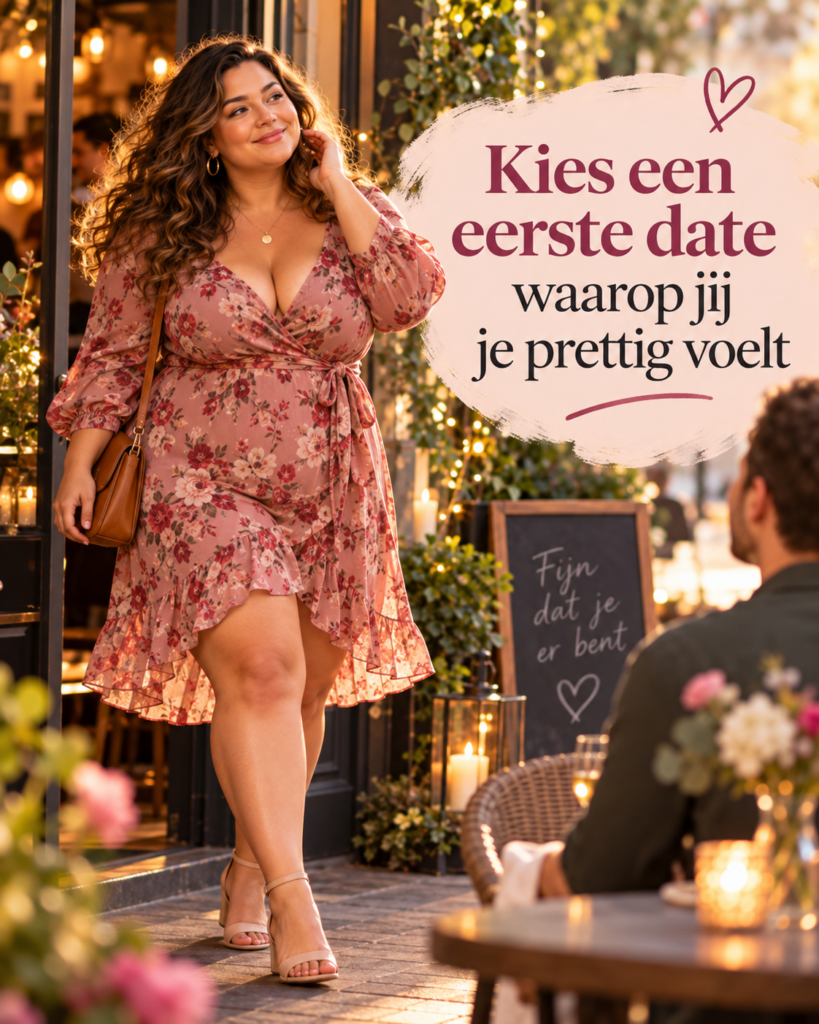 Zelfverzekerde volle vrouw arriveert ontspannen bij haar eerste date