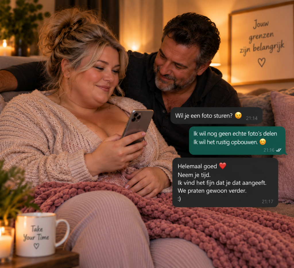 Volle vrouw bekijkt haar telefoon terwijl een man haar keuze om nog geen echte foto te delen respecteert