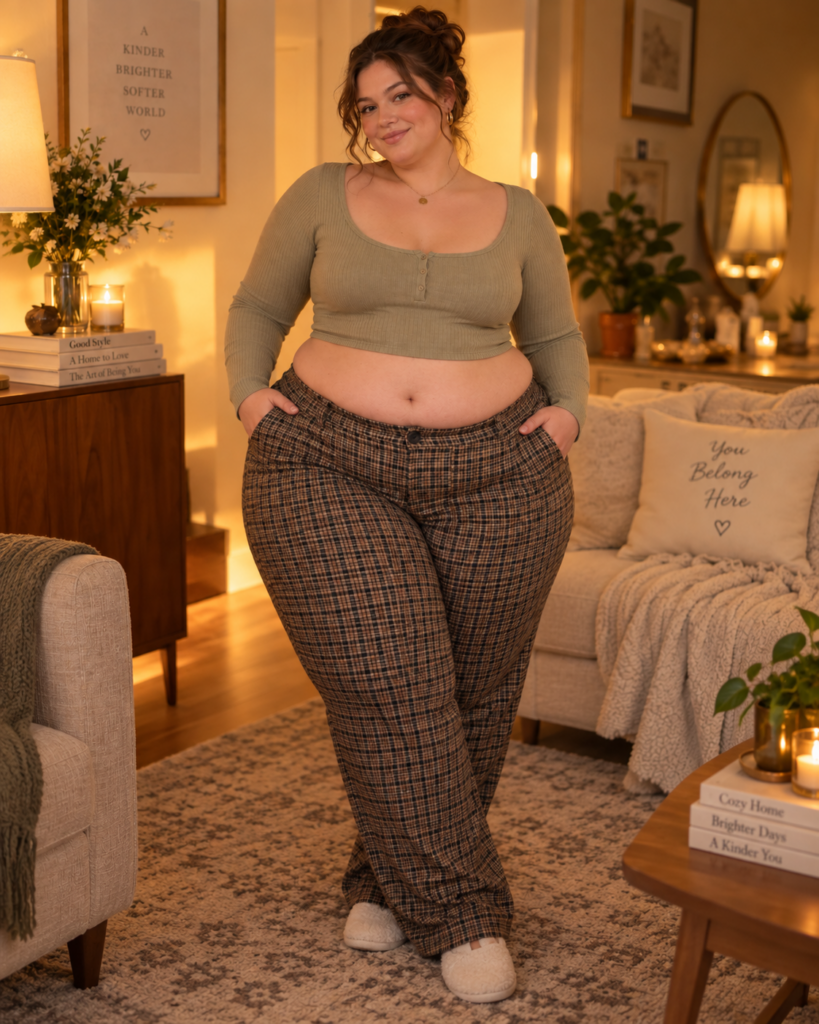 Jonge zeer volle vrouw staat zelfverzekerd in een aansluitende top en geruite broek met haar natuurlijke buik zichtbaar