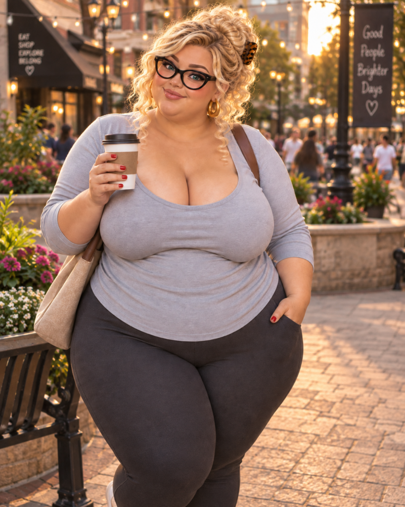 Volle blonde vrouw met bril kijkt glimlachend in de camera met koffie bij een café