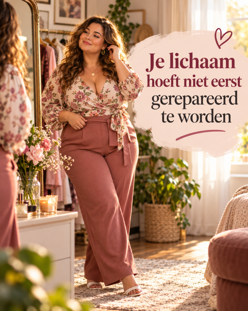 Volle vrouw kijkt tevreden naar zichzelf in de spiegel