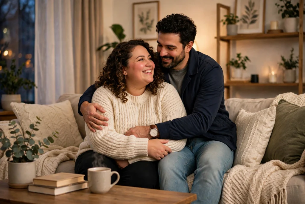 Zachte volle vrouw in creme trui wordt liefdevol omhelsd door haar partner op de bank in een warme woonkamer