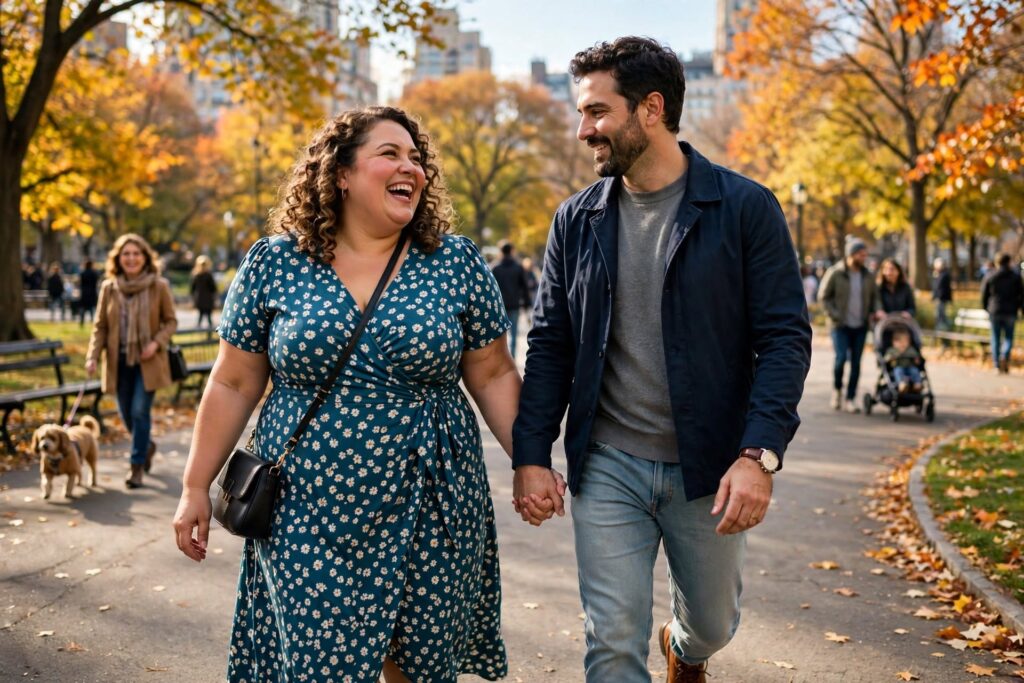 Trotse man loopt hand in hand met zijn volle vriendin met krullen in het park, lachend en gelukkig