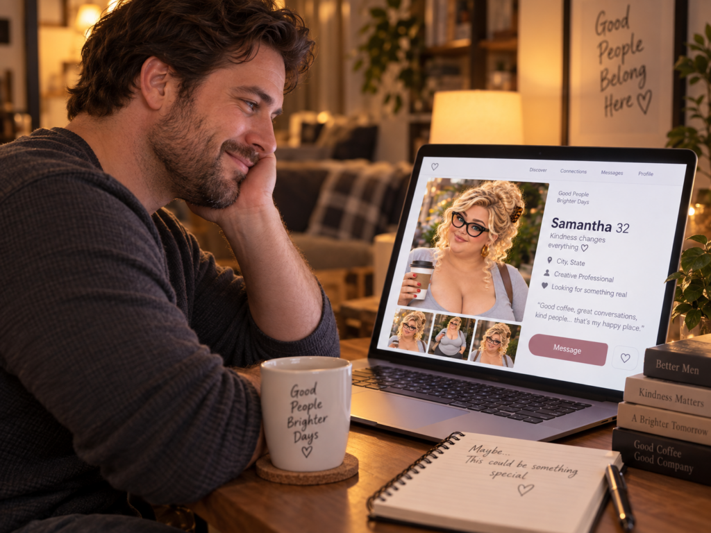 Man bekijkt respectvol datingprofiel van curvy vrouw op laptop