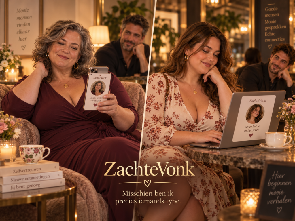 Jonge en oudere volle vrouw bekijken hun datingprofiel terwijl mannen zichtbaar interesse tonen