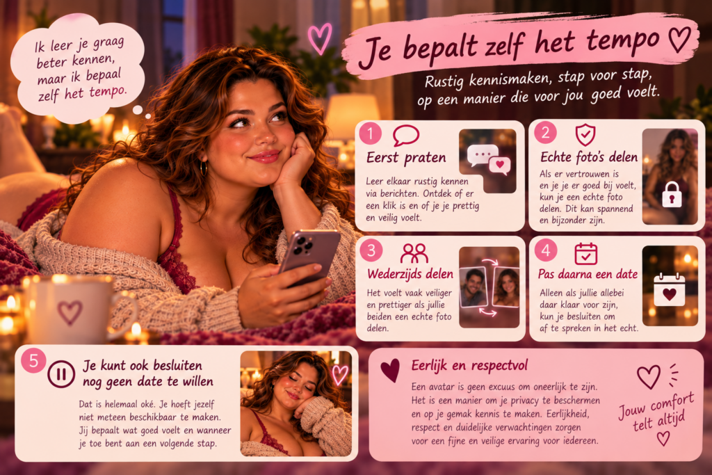 Volle vrouw bepaalt rustig haar eigen tempo van online kennismaken naar een eventuele date