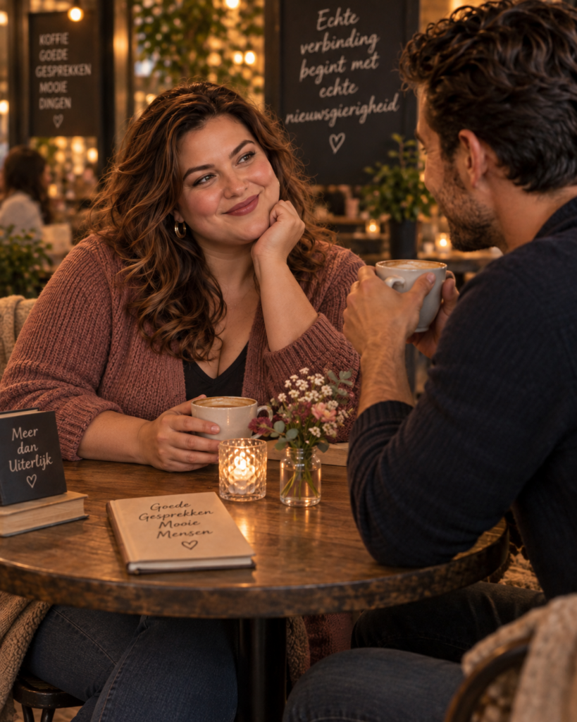 Volle vrouw voert tijdens koffie een aandachtig en ontspannen gesprek met haar date