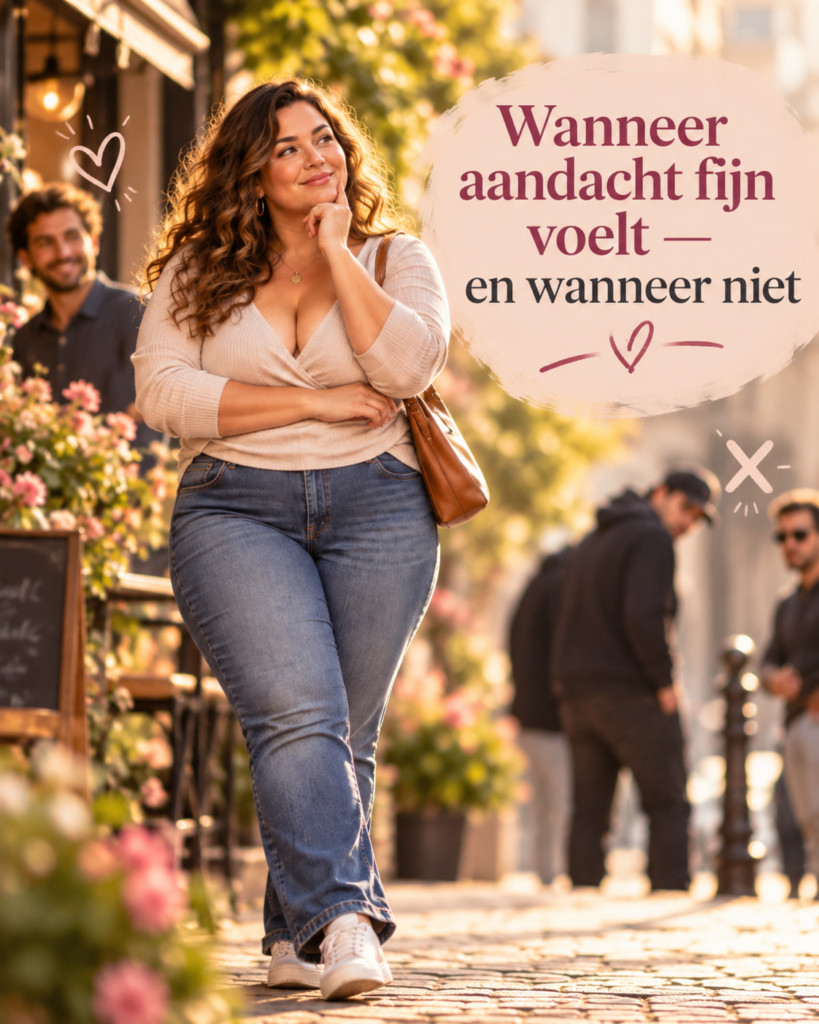 Volle vrouw denkt na over het verschil tussen prettige en ongewenste aandacht