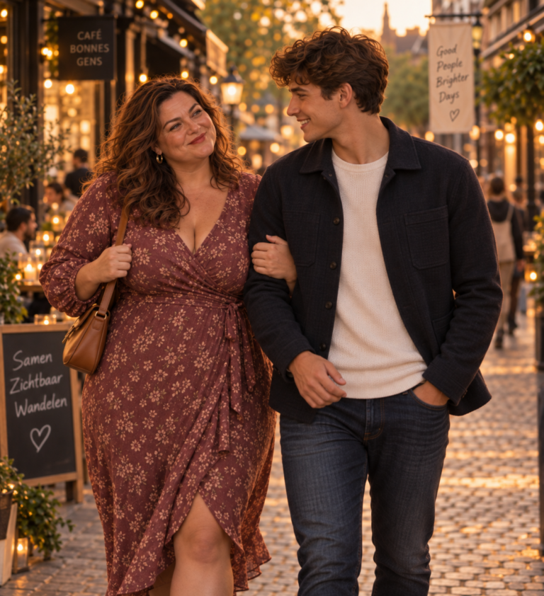 Oudere volle vrouw wandelt arm in arm met een jonge man en kijkt hem warm aan