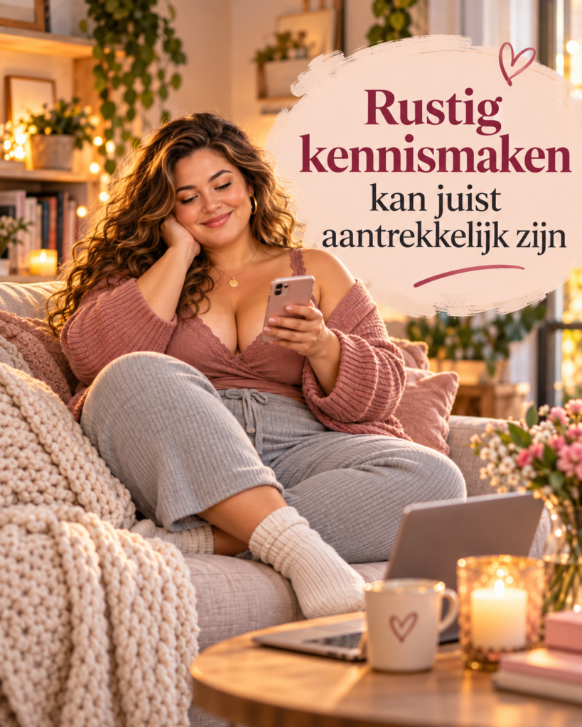 Volle vrouw maakt thuis ontspannen kennis via haar telefoon