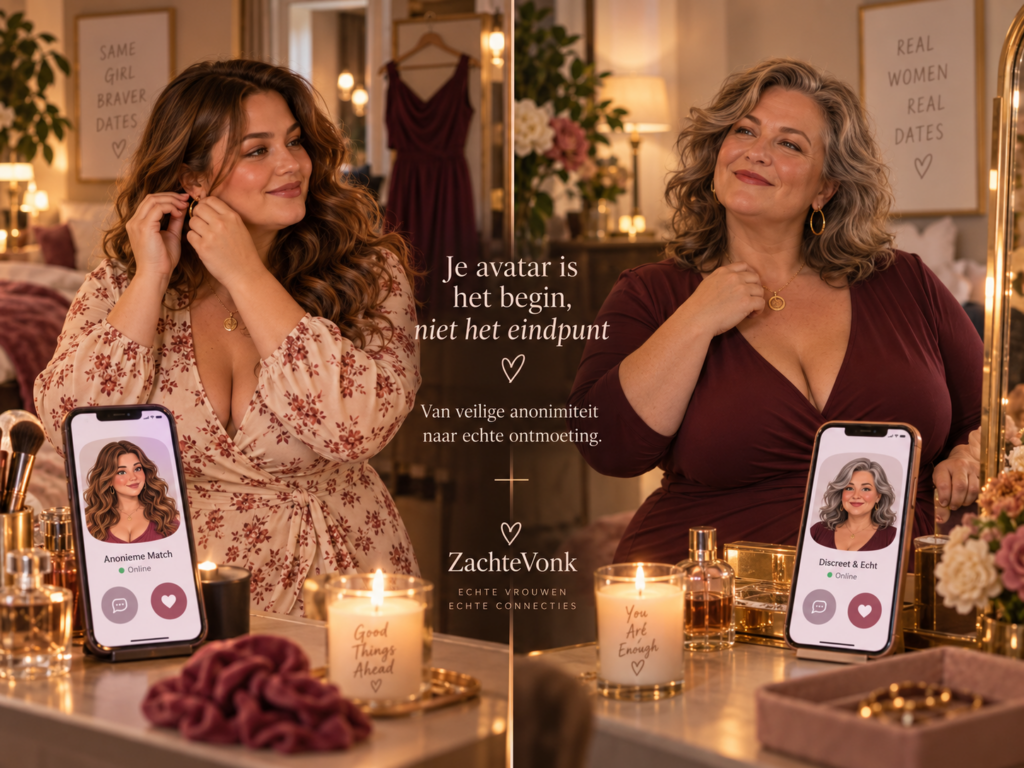 Jonge en oudere volle vrouw maken zich klaar voor een date terwijl hun avatarprofiel op een telefoon zichtbaar is