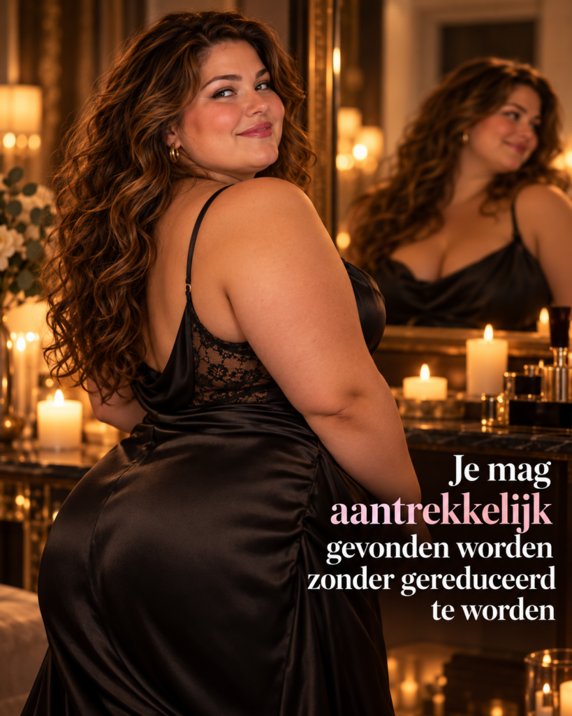 Zelfverzekerde volle vrouw in zwarte satijnen jurk kijkt trots en ontspannen naar de camera