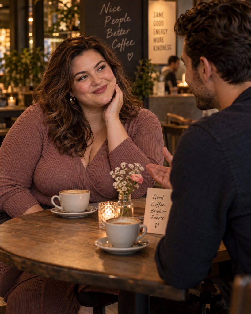 Volle vrouw glimlacht tijdens een koffiedate nadat haar date haar een oprecht compliment geeft