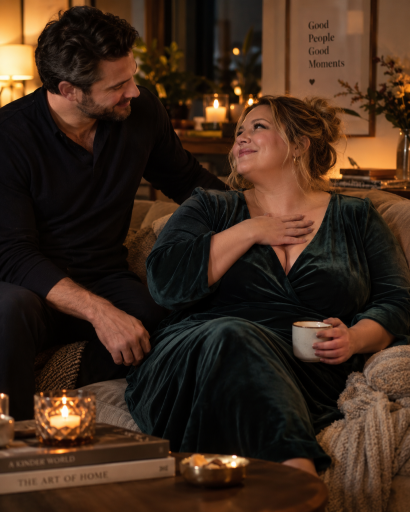 Volle vrouw kijkt zichtbaar geraakt en blij naar haar partner terwijl hij haar liefdevol aankijkt