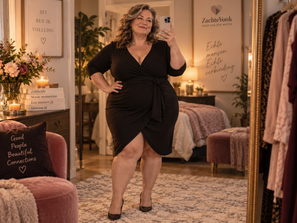 Zeer volle vrouw maakt thuis zelfverzekerd een full-body foto in een aansluitende jurk