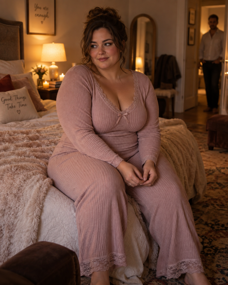 Volle jonge vrouw zit in warme loungewear op de rand van een bed terwijl haar date op de achtergrond staat