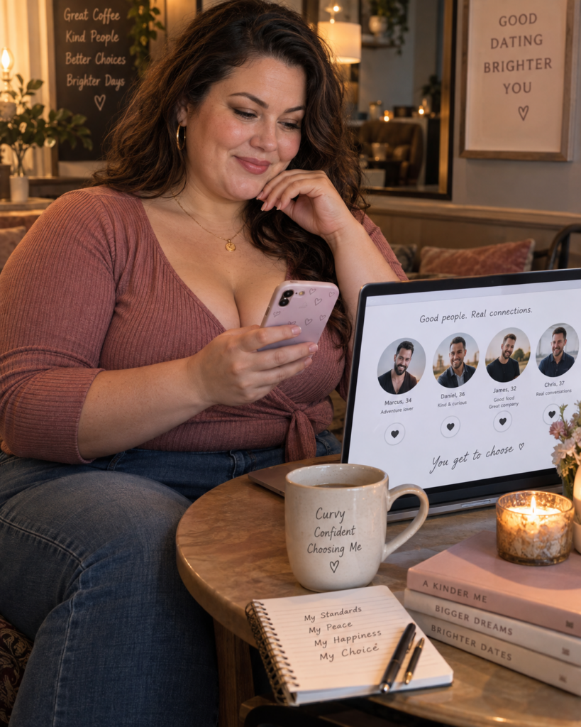 Volle vrouw bekijkt verschillende datingprofielen op haar telefoon en laptop