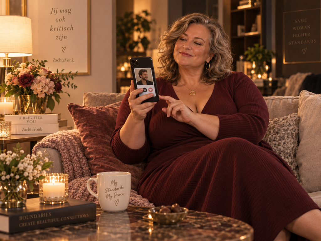 Zeer volle vrouw bekijkt ontspannen een datingprofiel en maakt zelfverzekerd haar eigen keuze