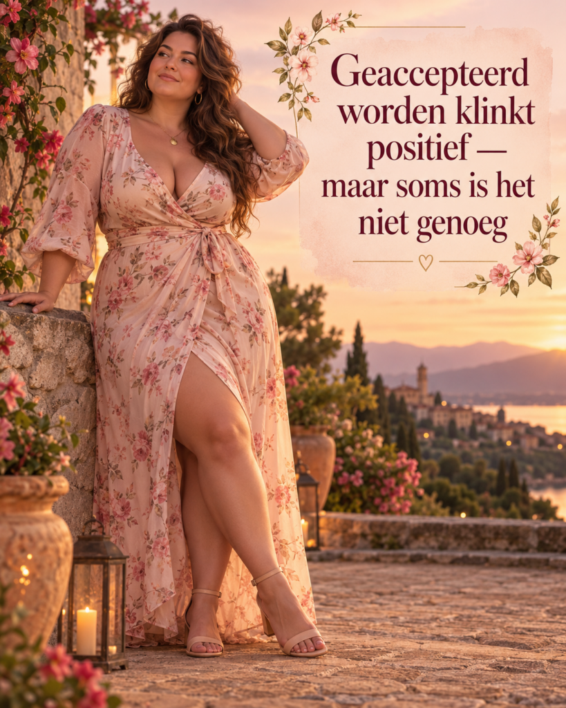 Zelfverzekerde volle vrouw bij zonsondergang over meer willen dan alleen acceptatie