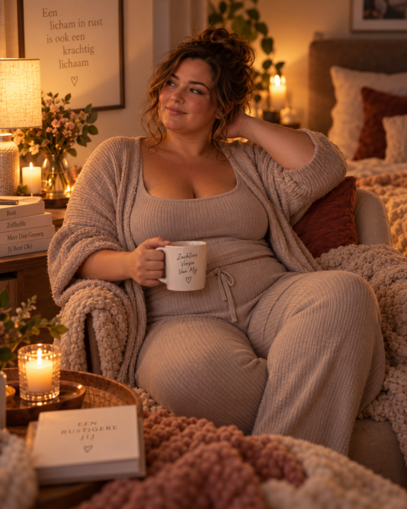 Volle vrouw zit natuurlijk en ontspannen in zachte loungewear zonder haar buik te verbergen