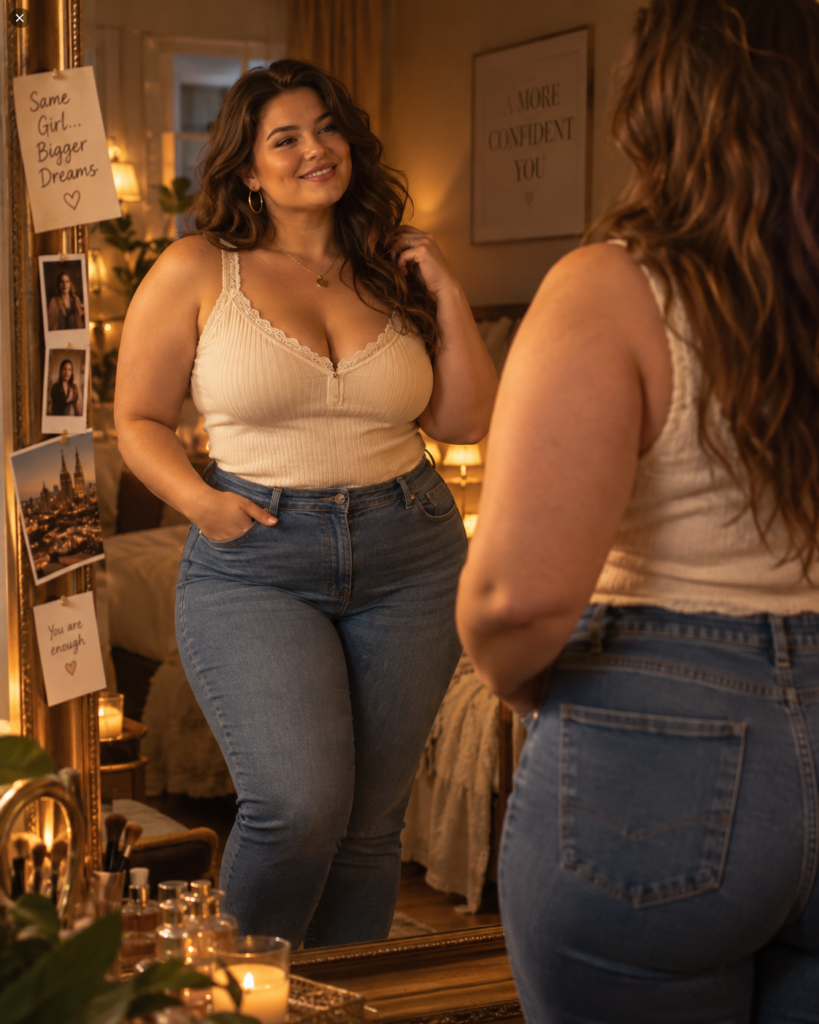 Volle jonge vrouw kijkt glimlachend in de spiegel in jeans en een aansluitende lichte top