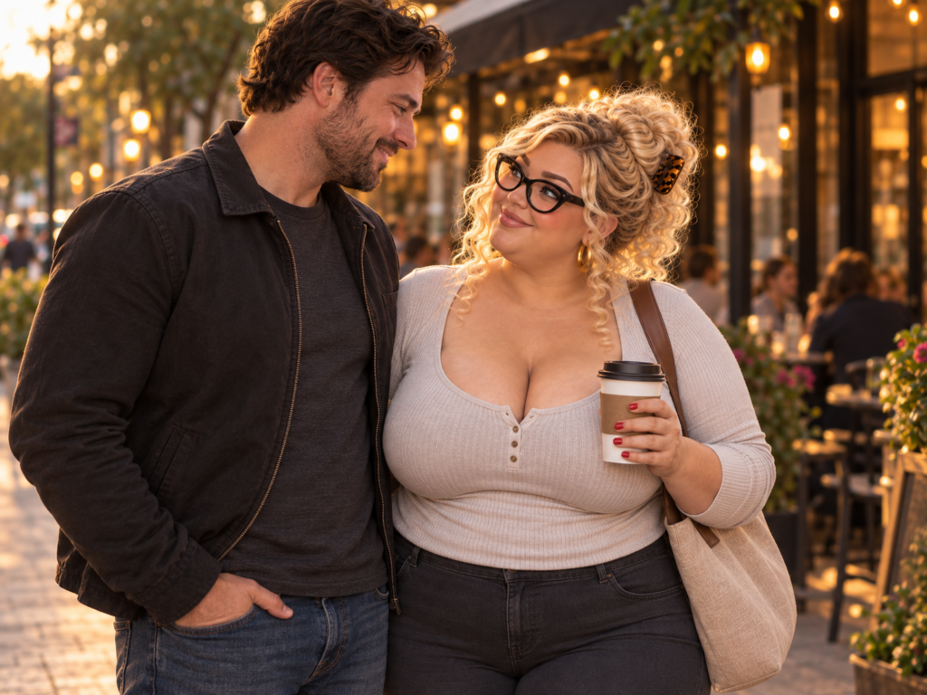 Man en vrouw met warme glimlach op terras, respectvol flirten bij koffiezaak