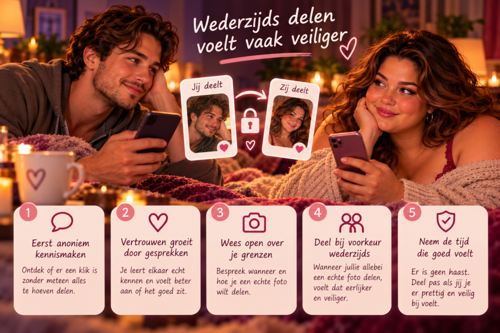 Man en volle vrouw delen wederzijds een foto tijdens een veilige online kennismaking