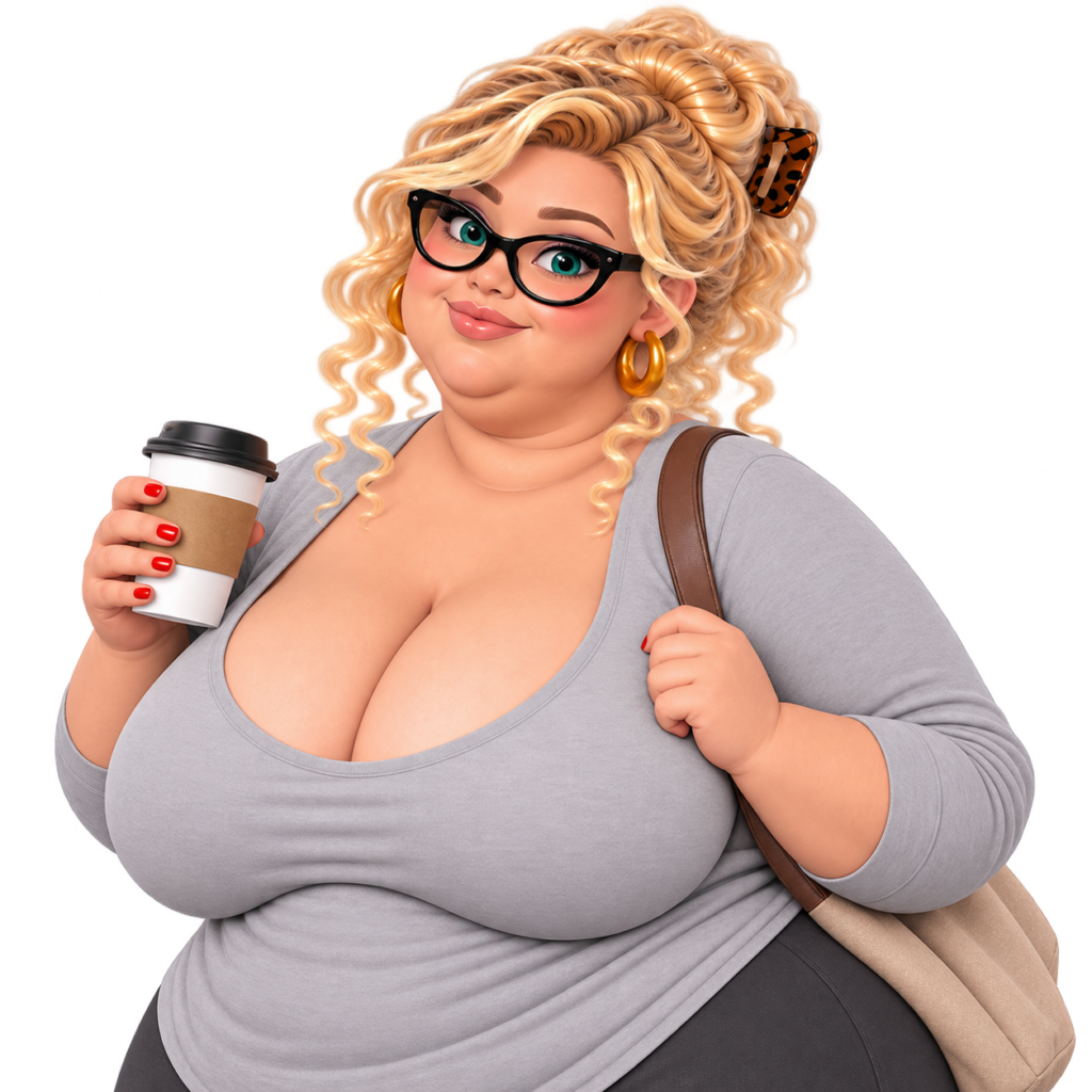 Avatar van vriendelijke volle vrouw met krullen en bril, vooraanzicht met koffie