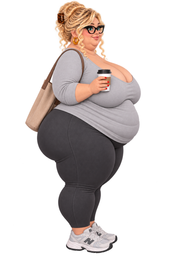 Avatar van vrolijke curvy vrouw met bril en koffiebeker, zijaanzicht