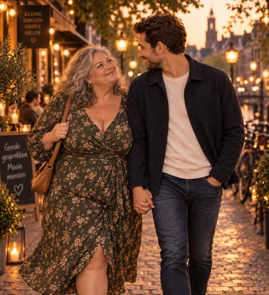 Zeer volle oudere vrouw met grijs haar wandelt hand in hand met een man tijdens een warme avond