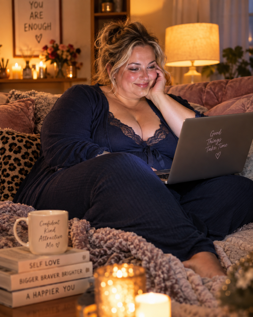 Zeer volle vrouw zit ontspannen thuis met haar laptop in een warme en comfortabele setting