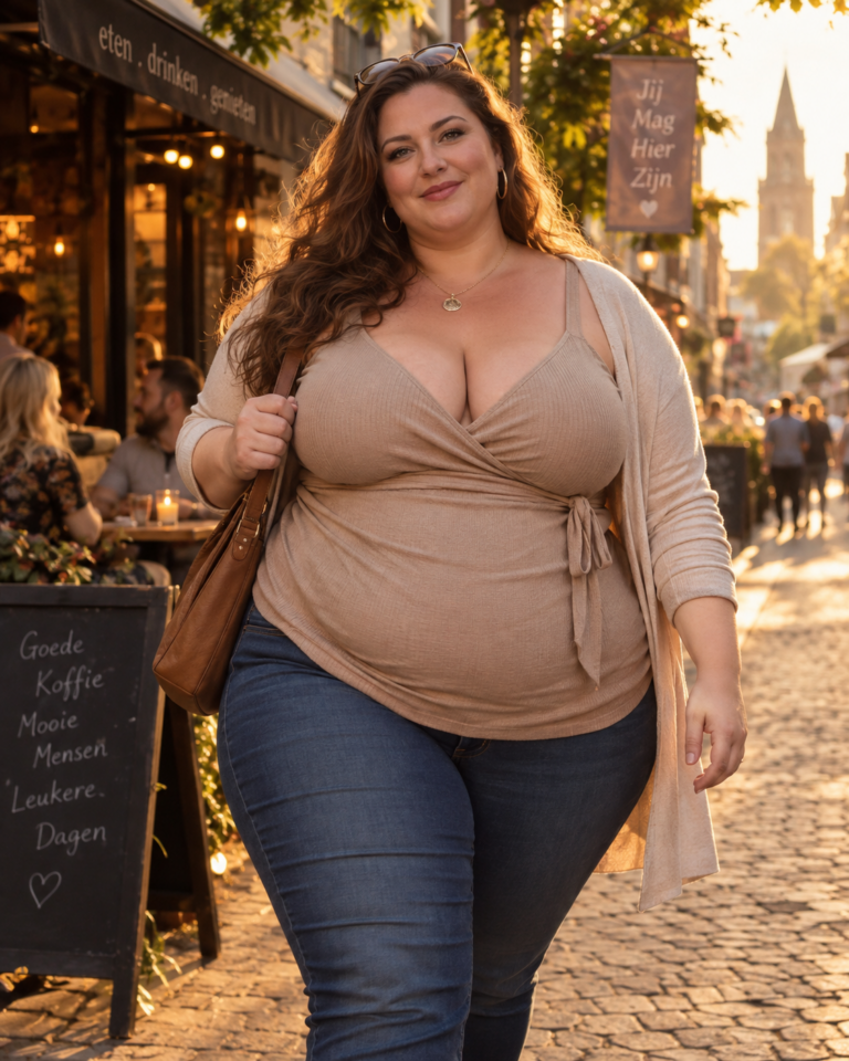 Zeer volle brunette loopt zelfverzekerd door een zonnige winkelstraat in jeans en een stijlvolle beige top