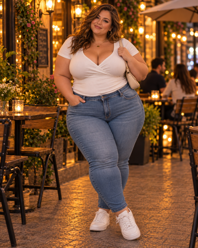 Zeer volle vrouw in aansluitende jeans, witte V-halstop en sneakers tijdens een ontspannen eerste date