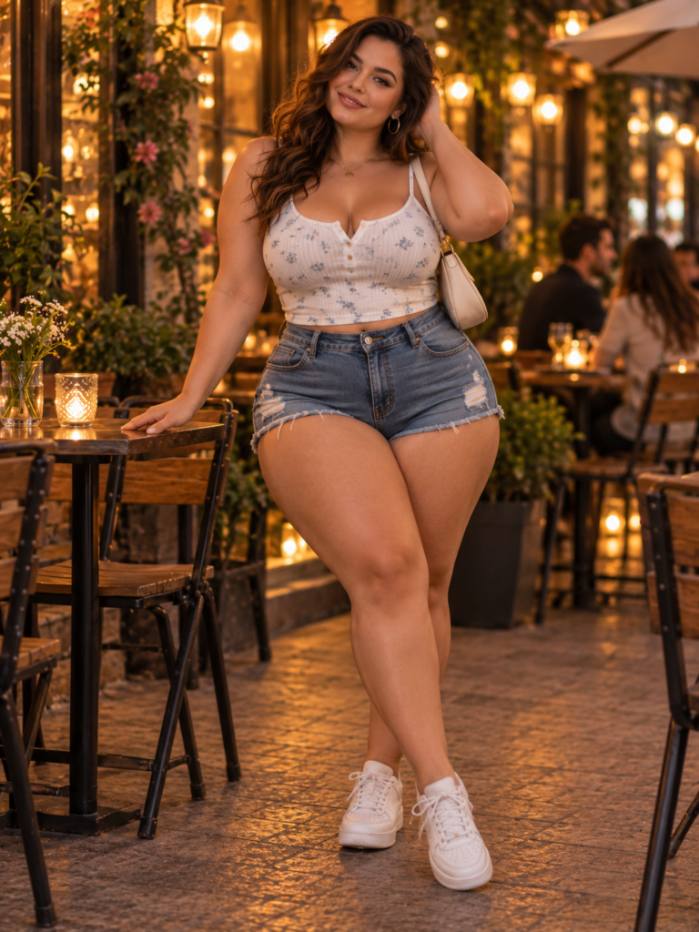 Volle vrouw in high-waist denim shorts, fitted top en witte sneakers tijdens een casual date