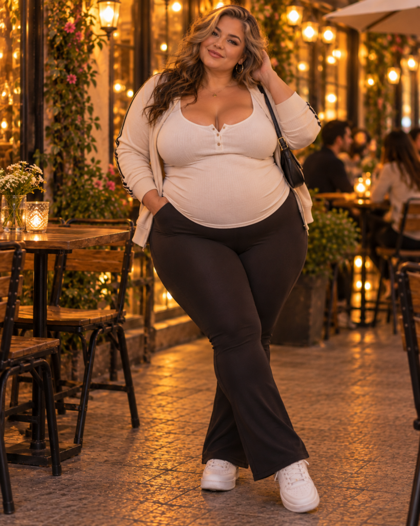 Zeer volle vrouw in zwarte flared legging, witte fitted top en sneakers tijdens een casual eerste date