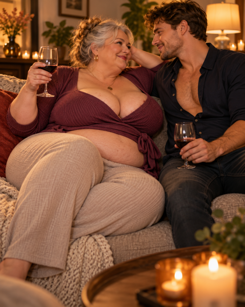 Oudere zeer volle vrouw zit comfortabel met haar jongere date in een warme woonkamer