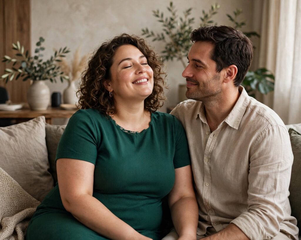 Volle vrouw en partner glimlachen naar elkaar tijdens een warm en ontspannen moment.