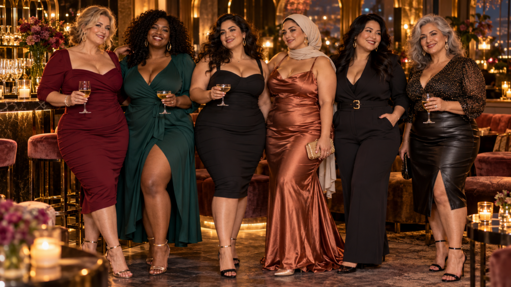 Diverse volle vrouwen in verschillende stijlvolle en aansluitende date-outfits