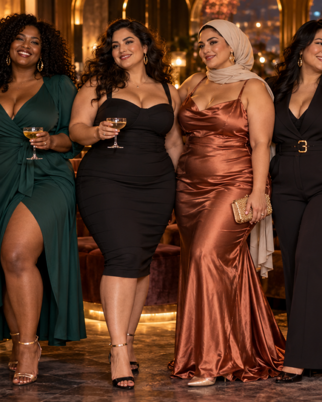 Diverse volle vrouwen in verschillende stijlvolle en aansluitende date-outfits