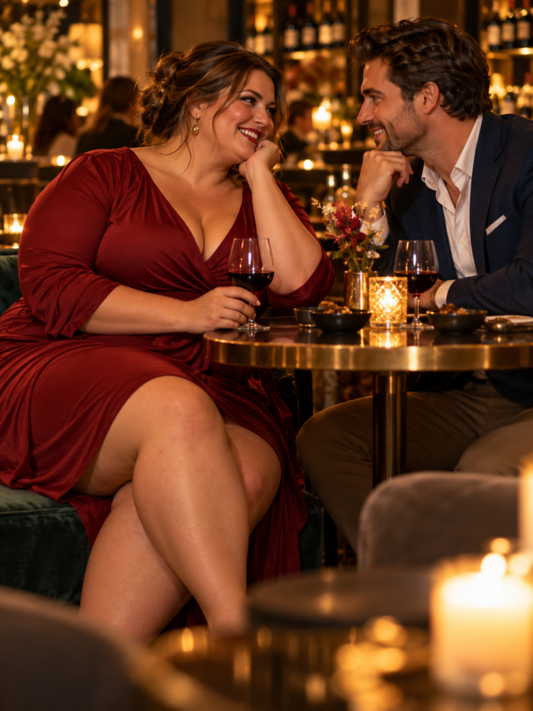Zeer volle jonge vrouw en haar date lachen samen tijdens een romantisch diner