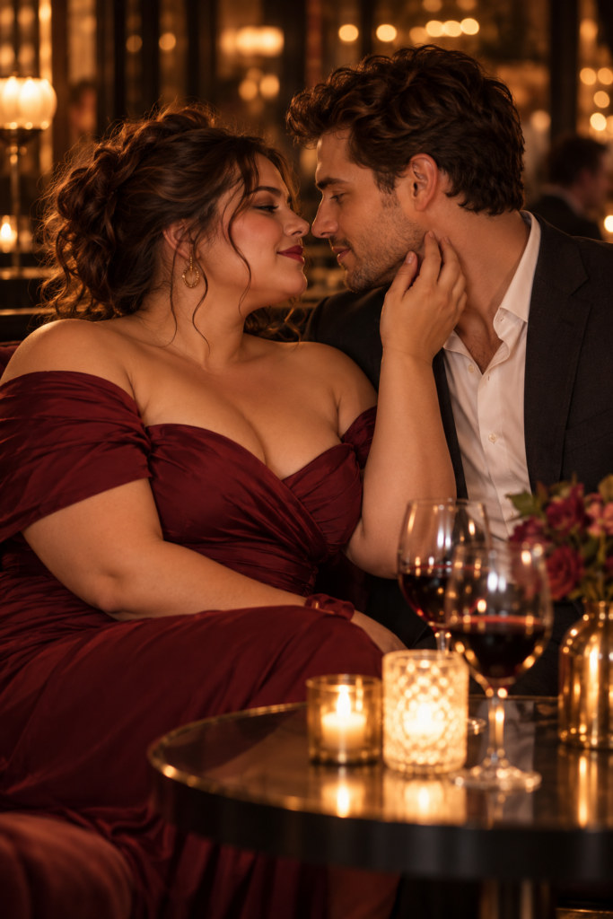 Zeer volle jonge vrouw en haar date kijken elkaar romantisch aan vlak voor een kus