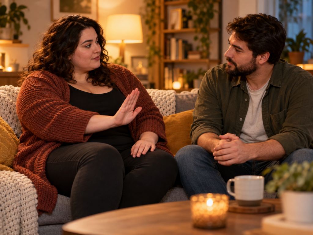 Volle vrouw maakt een duidelijk pauzegebaar terwijl haar partner respectvol luistert