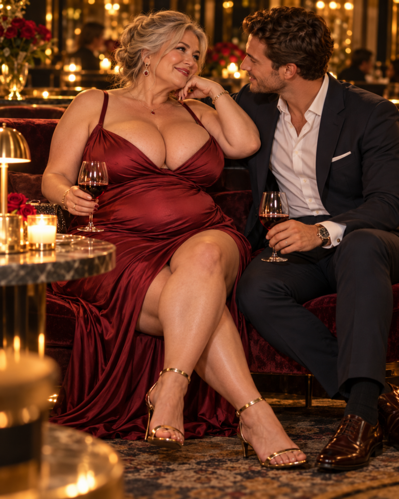 Oudere zeer volle vrouw praat dichtbij en ontspannen met haar jongere date