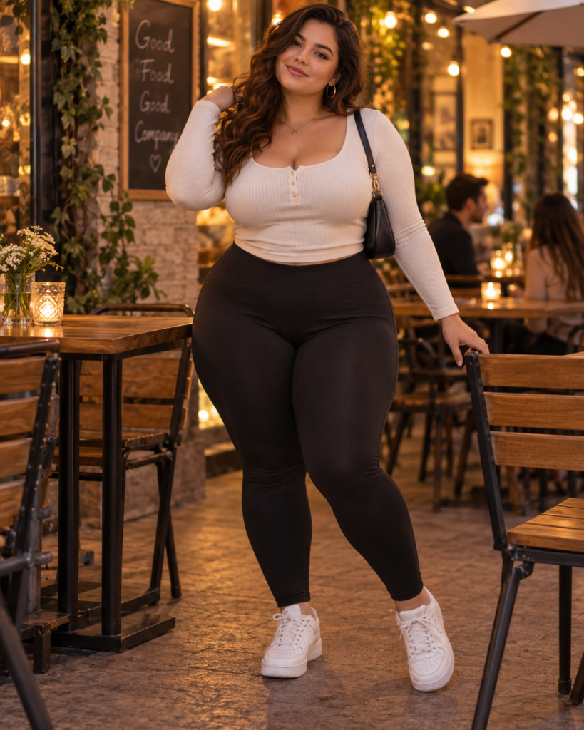 Jonge volle vrouw in zwarte high-waist legging, witte aansluitende ribtop en sneakers