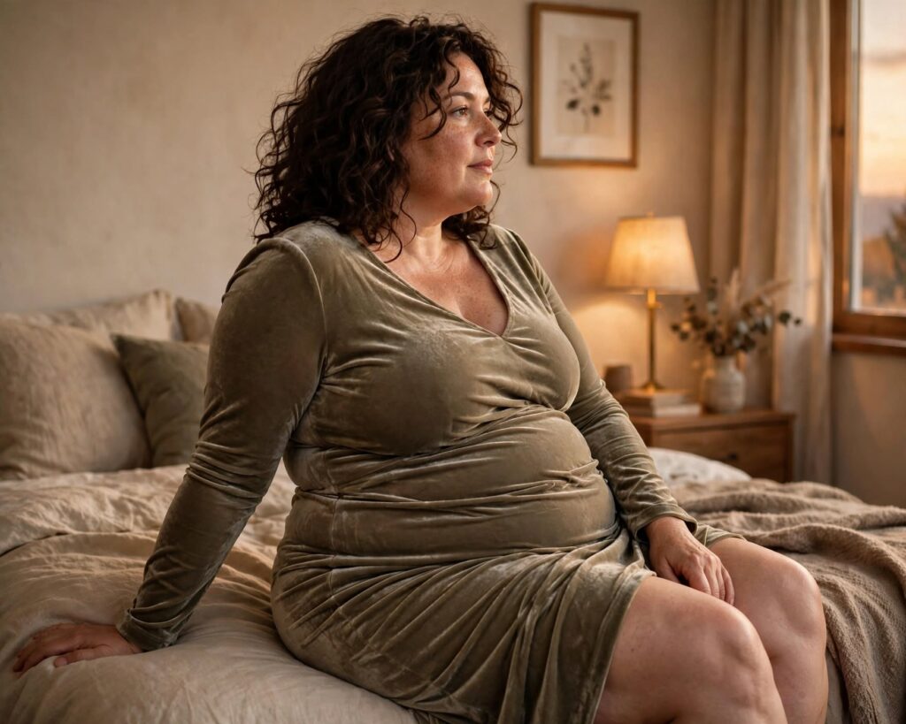 Volle vrouw zit op bed in een natuurlijke houding waarbij huidplooien en lichaamsvormen zichtbaar zijn.